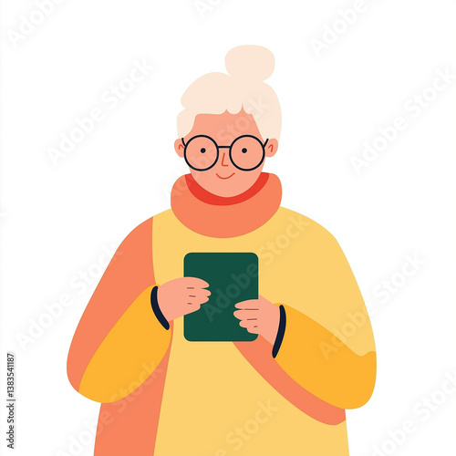 Elderly woman smiling while using a tablet in a bright setting  