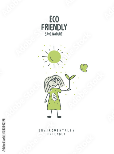 Vector hand drawn cartoon sketch sketch of a girl holding a sprout/ Eco-conscious person take care about planet ecology.  Volunteer protect nature and ecology . Earth Day Concept.