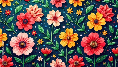 Intricate floral textile design, repeating motif, illustration, seamless