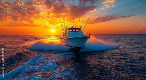 Sport Fishing Boat Cutting Through The Water At Sunset,Adventure On The Ocean