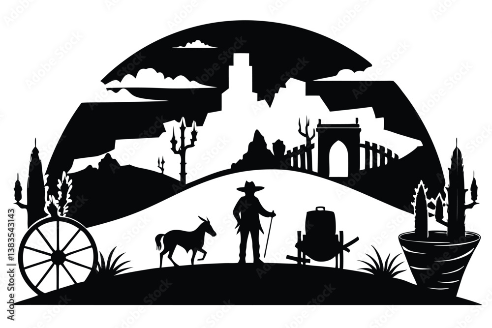 Obraz premium Black Silhouette of Western Landscape with Cowboy, Donkey, and Old Buildings