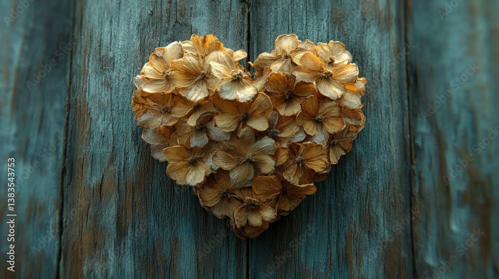 Dried hydrangea heart on weathered teal wood Dried hydrangea heart on weathered teal wood