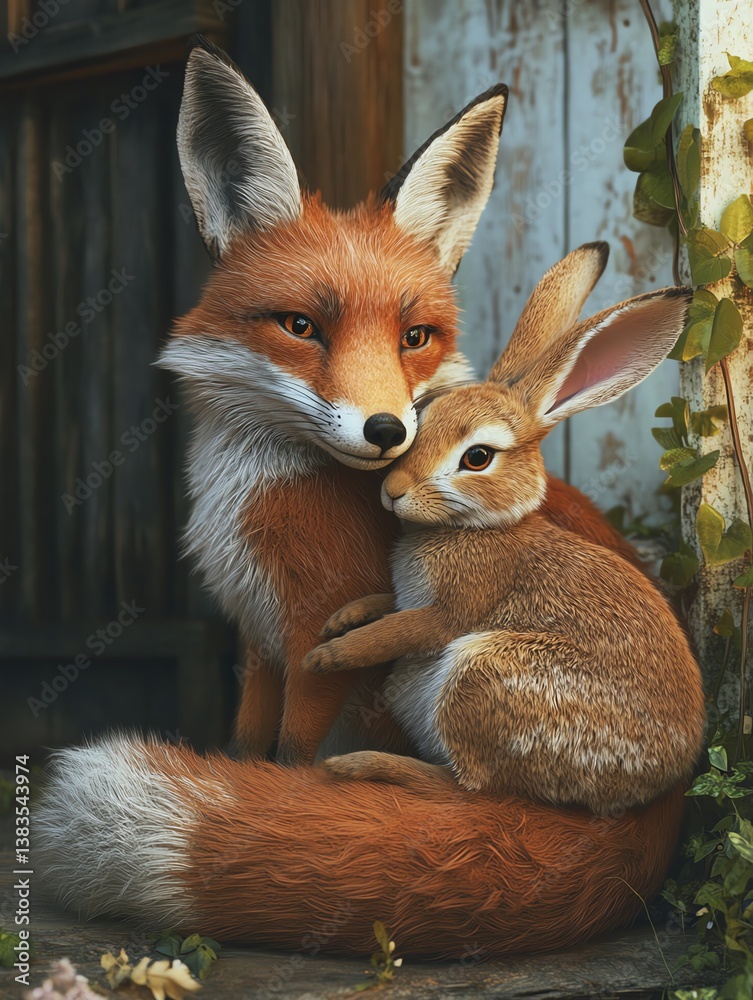 Fototapeta premium Adorable fox embraces a cute rabbit in nature.