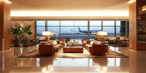 Inviting airport lounge with warm and welcoming atmosphere.