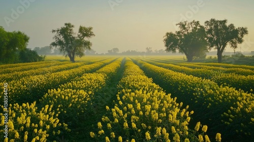 Rural Punjab at dawn, beautiful mustard fields shining under the early morning light generative ai