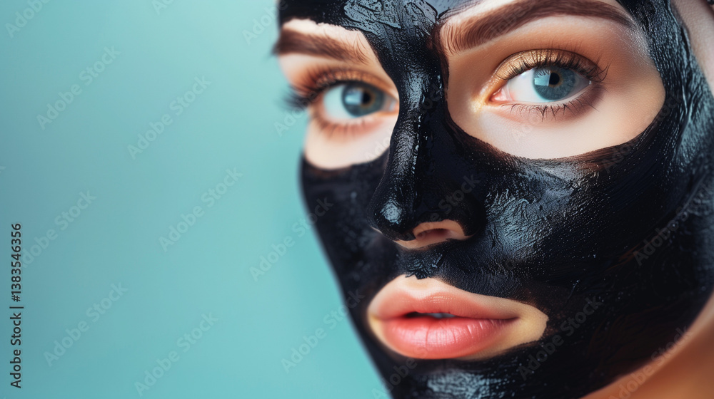 Obraz premium Carbon face peeling procedure. Laser pulses clean skin of the face. Hardware cosmetology treatment. Process of photothermolysis, warming the skin, laser carbon peeling. Facial skin rejuvenation