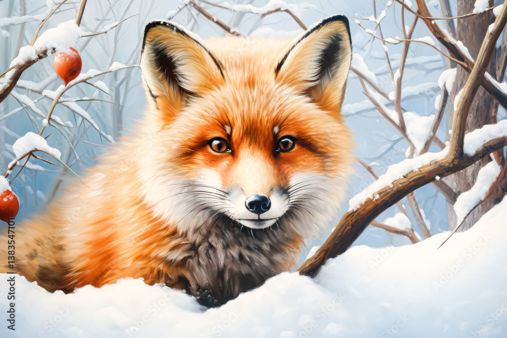 Fototapeta premium Fox is sitting in the snow with a red apple in its mouth