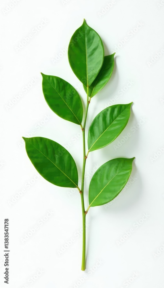 Obraz premium Single green eucalyptus leaf on white background, flora, plant, natural