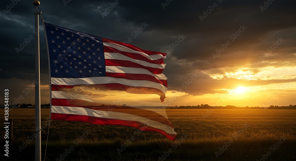 Obraz premium An American flag majestically waves at sunset, a symbol of freedom and patriotism against a dramatic sky, bathed in warm golden light.