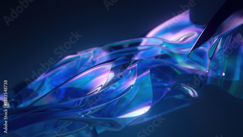 Shiny translucent blue 3D cloth with fluid motion on a dark abstract background