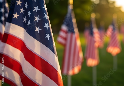 A field of American flags waving proudly at sunset, a symbol of remembrance and patriotism bathed in warm golden light.