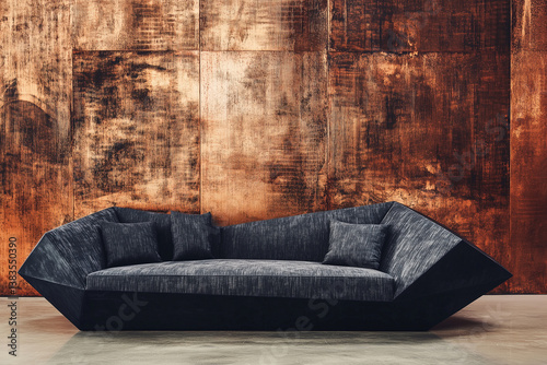A bold, angular sofa in monochrome tones, artistically positioned against a textured copper toned backdrop.