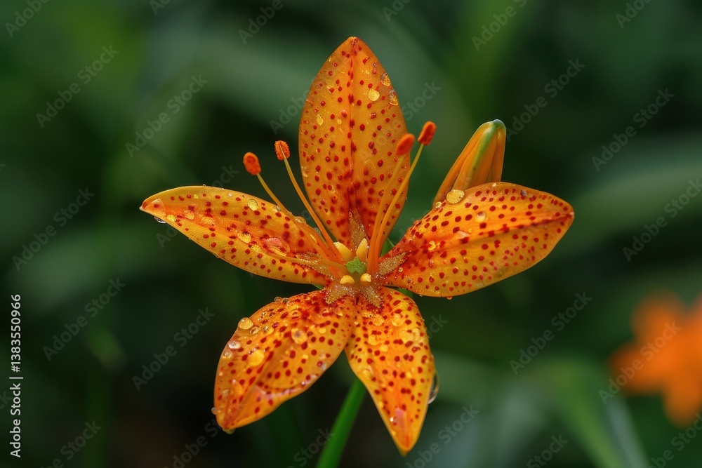 Bright orange lily flower with red spots in a garden after rain Bright orange lily flower with red spots in a garden after rain