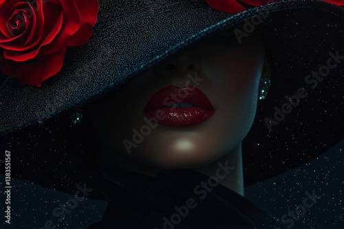 Red Rose Flower Woman Lips and Black Hat, Fashion Model Beauty. Red Rose Flower Woman Lips and Black Hat, Elegant Fashion Model Beauty Portrait, Lady in Wide Broad Brim Hat on Dark Background 