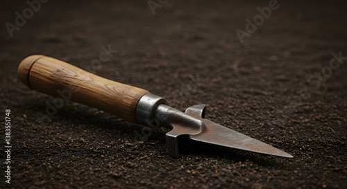 Close Up Of A Wooden Handled Vintage Garden Dibbler On Soil Background photo