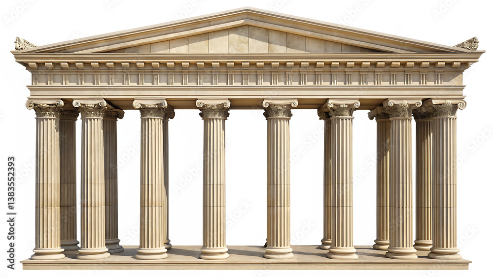 Fototapeta premium Historic ancient Greek colonnade structure isolated on white background, perfect for education or architecture use