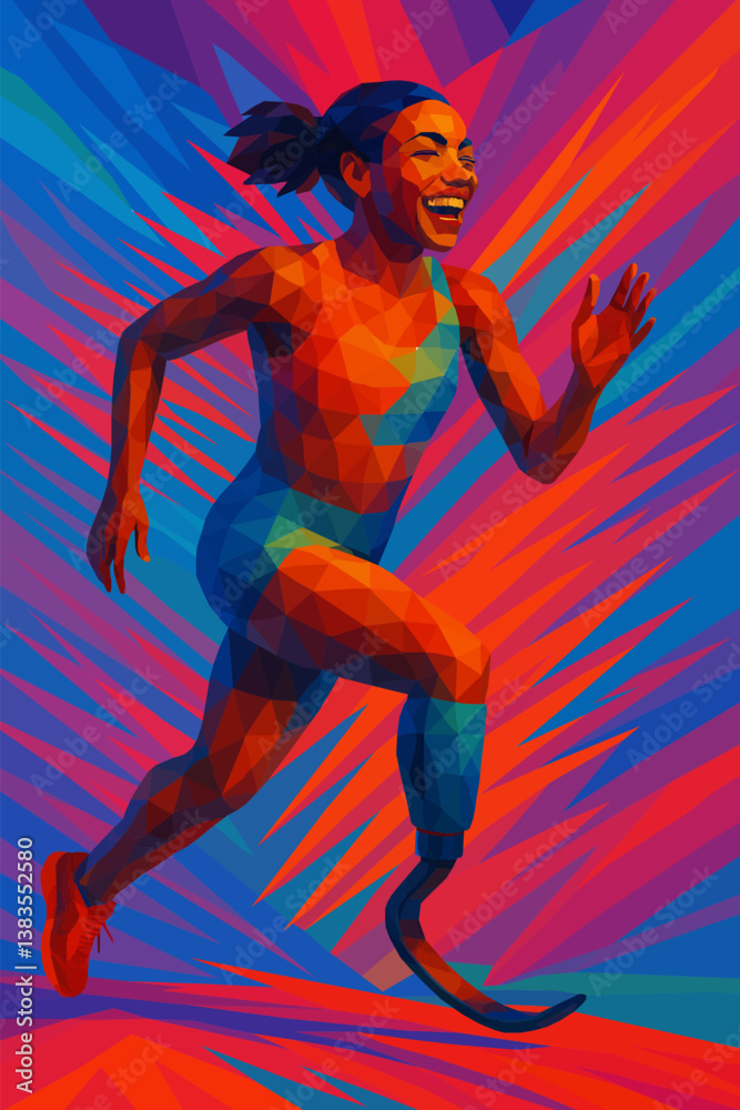 Low-poly illustration of a happy disabled woman runner with a leg prosthesis. Bold colors, dynamic composition. Promoting sport, inclusivity and empowerment through vibrant geometry. Low-poly illustration of a happy disabled woman runner with a leg prosthesis. Bold colors, dynamic composition. Promoting sport, inclusivity and empowerment through vibrant geometry.