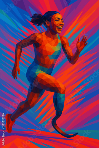 Low-poly illustration of a happy disabled woman runner with a leg prosthesis. Bold colors, dynamic composition. Promoting sport, inclusivity and empowerment through vibrant geometry.