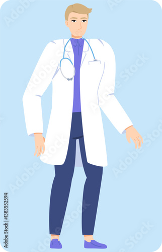A vector illustration of a young male medical student or doctor standing in a white coat with a stethoscope around his neck. The character has a professional yet approachable appearance, ideal for