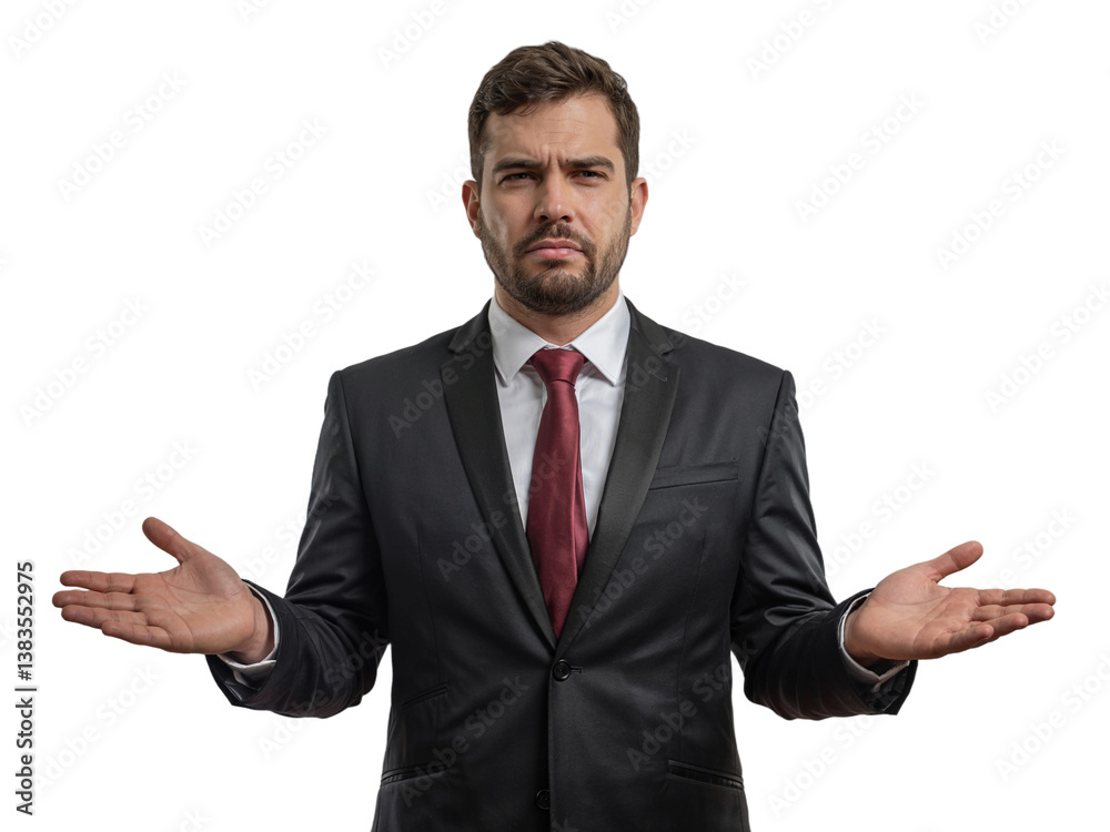 Businessman in formal attire expressing confusion or uncertainty with open hands against a plain background Businessman in formal attire expressing confusion or uncertainty with open hands against a plain background