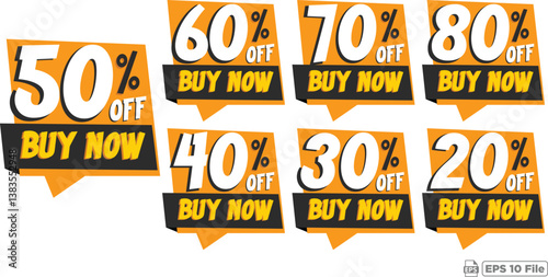Bright Discount Sale Labels Offering 20% to 80% Off - Colorful Vector Designs with 'Buy Now' Call to Action for Retail Promotions and Advertising Campaigns