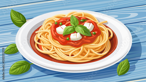 Spaghetti pasta with tomato sauce, mozzarella cheese and fresh basil in plate on white wooden background. Selective focus.