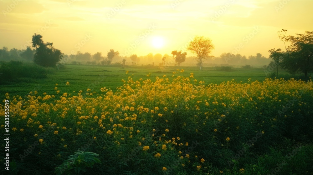 Obraz premium The sun peeks over the horizon, illuminating the vibrant mustard fields of Punjab, a magical morning scene. generative ai