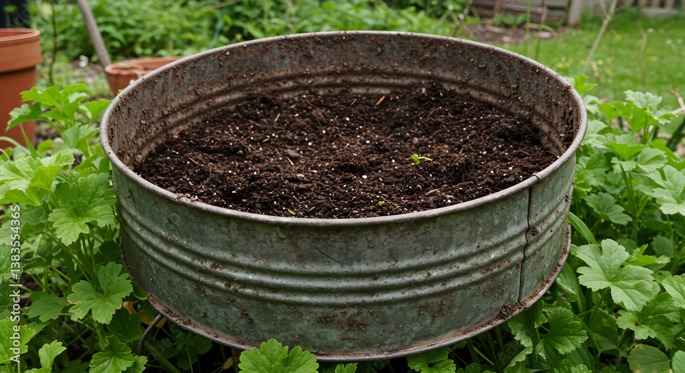 Rustic Metal Tub Planter Filled With Soil Among Greenery In The Garden Rustic Metal Tub Planter Filled With Soil Among Greenery In The Garden