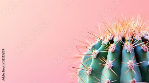 Close-up of a vibrant cactus against a soft pink background.  A textured green cactus with golden spines is featured, showcasing its detailed structure