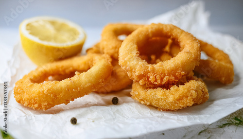 Crispy breaded squid rings with lemon on paper. Tasty snack. Delicious food. Cooking, culinary