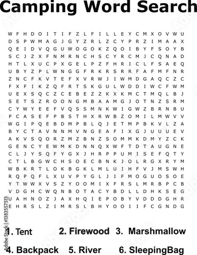 Camping Word Search Puzzle Tent, Firewood, Marshmallow, River