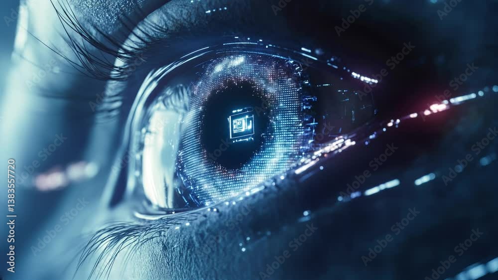 Ojo se abre con interfaz futurista HUD – Escaneo biométrico y visión de inteligencia artificial