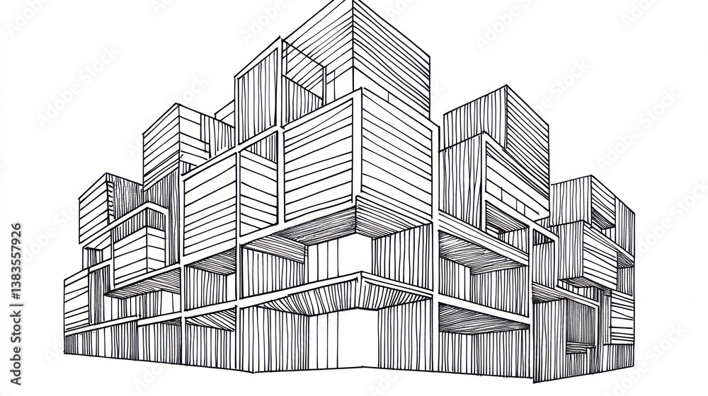 Fototapeta premium Cityscape architectural sketch, urban design, perspective drawing, complex structure, modern building illustration