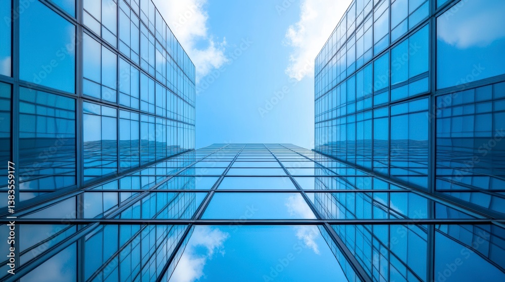 Low angle view of modern glass skyscrapers reflecting blue sky and clouds. Low angle view of modern glass skyscrapers reflecting blue sky and clouds.