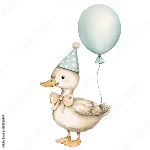 duck with ballon as birthday greeting isolated on transparent background
