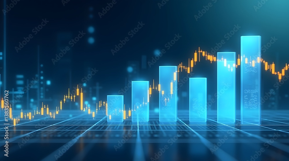 Abstract financial chart with glowing bars and lines on a dark blue background. Ideal for business and tech visuals. Abstract financial chart with glowing bars and lines on a dark blue background. Ideal for business and tech visuals.