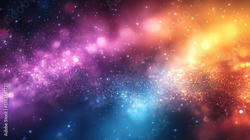 Surreal soft dreamy scene with ethereal white bokeh and glitter in purple, blue, pink, green, yellow and white for high resolution digital art application
