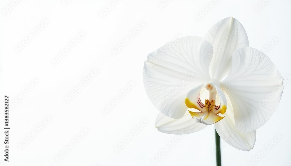 Fototapeta premium Delicate white orchid blossom against pure white background, plant photography, flower photography, closeup photography