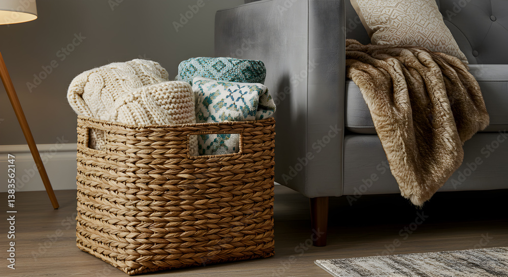 Fototapeta premium Woven Storage Basket Holding Throw Blankets by a Sofa in a Cozy Room