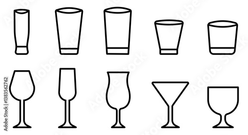 Glass icon set featuring various drinkware styles, including wine glasses, cocktail glasses, shot glasses, and tumblers. Perfect for bar menus, drink illustrations, UI/UX.