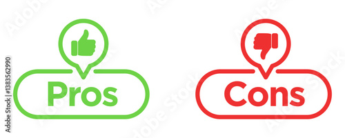 Green and Red Pros and Cons Icon Set. Thumbs Up and Thumbs Down Symbol. Decision-Making, Positive Negative Evaluation, Comparison, Advantages and Disadvantages, Feedback, Rating Concept.