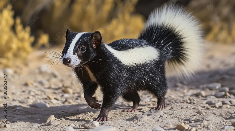 Hooded skunk walking on gravel road in natural habitat Hooded skunk walking on gravel road in natural habitat