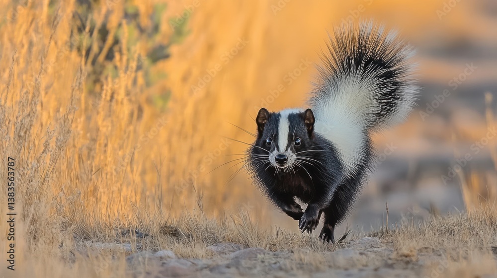 Striped skunk running in the wild meadow at sunset
