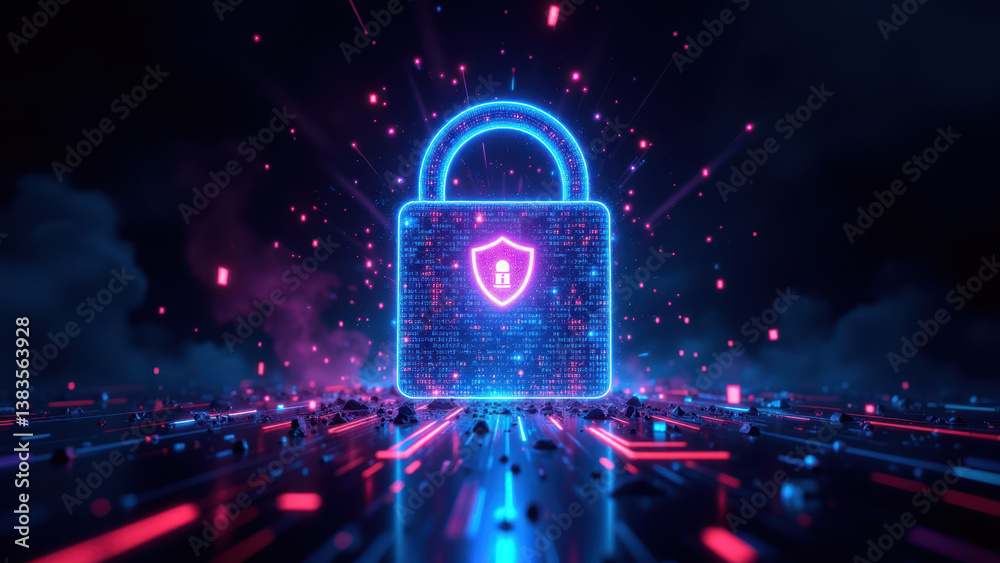 Fototapeta premium Cybersecurity lock with digital glitch effect.