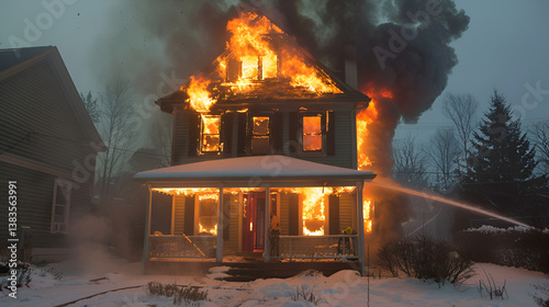 Dramatic house fire engulfs home with intense flames and billowing smoke