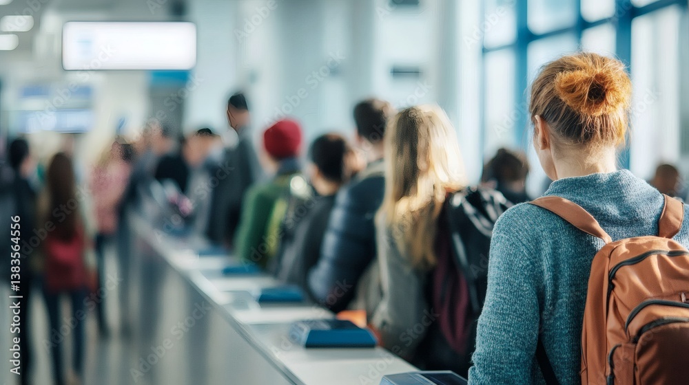 Fototapeta premium Airport passengers queueing, travel, check-in, background blur, transportation