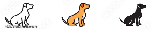 Dog icon set featuring 3 variations: outline, colored, and solid. This vector illustration represents pets, animals, dog breeds, veterinary care, adoption, pet services, and canine themes.