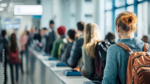 Airport passengers queueing, travel, check-in, background blur, transportation