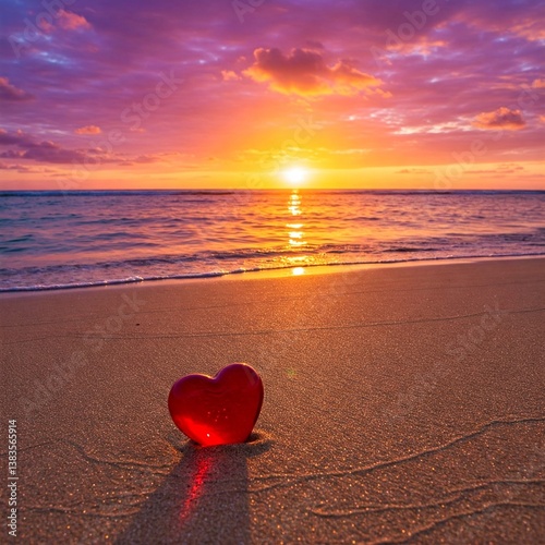 red glass heart on beach at sunset