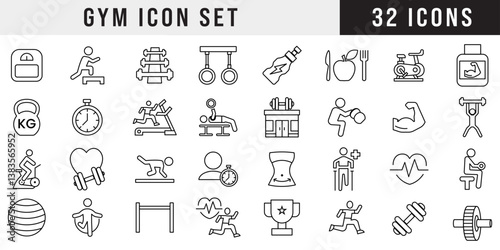 Gym and fitness icon set featuring 32 minimalist black-and-white line icons related to exercise, weightlifting, cardio, strength training, nutrition, and wellness. Ideal for web and print design.